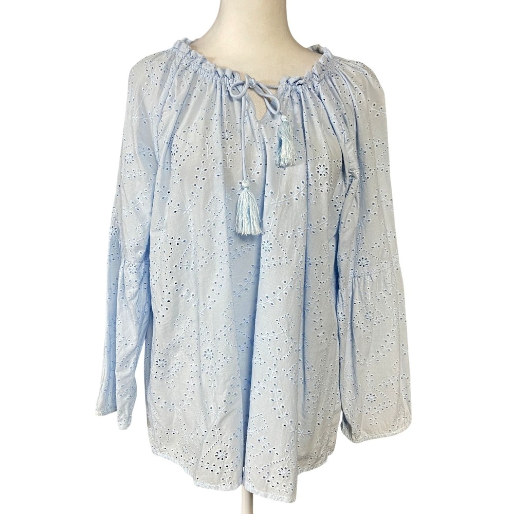 Pure‎ Collection Blouse Womens US 8/10 Blue Eyelet Cotton Tassel Tunic Top Boho